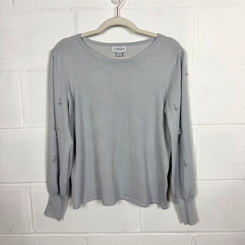 Carmen Marc Valvo NWT Gray Sweater SZ XL Pearl Embellished Holiday Office Dainty